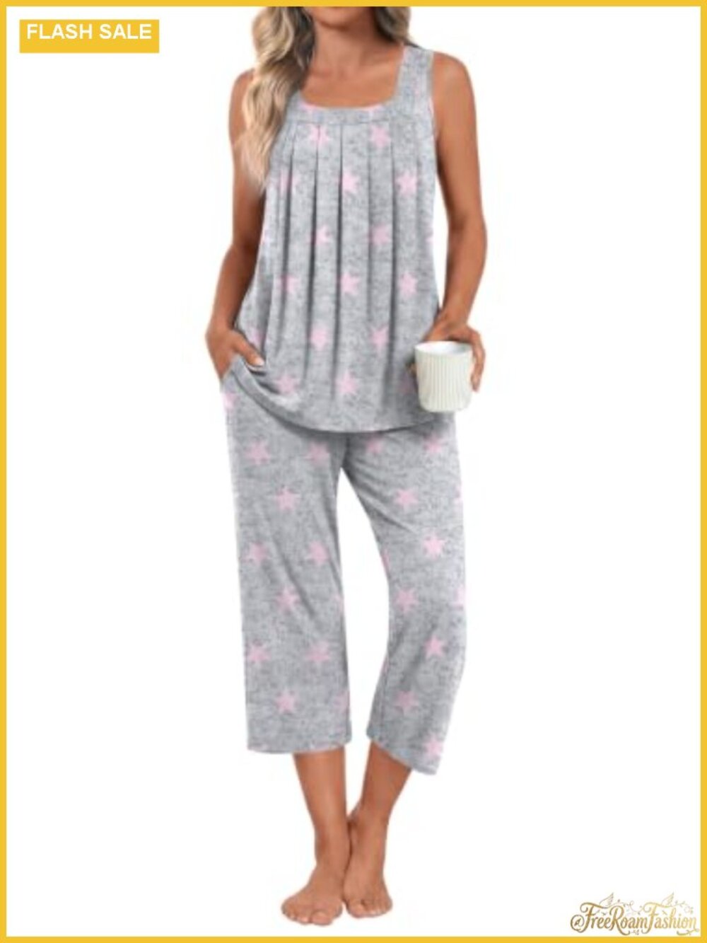 Women's 2 Piece Pajama Set Capri Sleepwear Sleeveless Square Neck Lounge Set